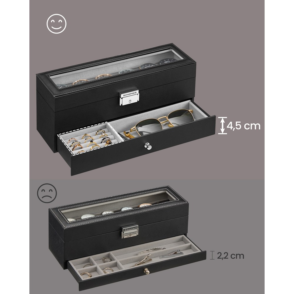 Klockbox med 6 fack, glaslock och låda - Svart/Grå