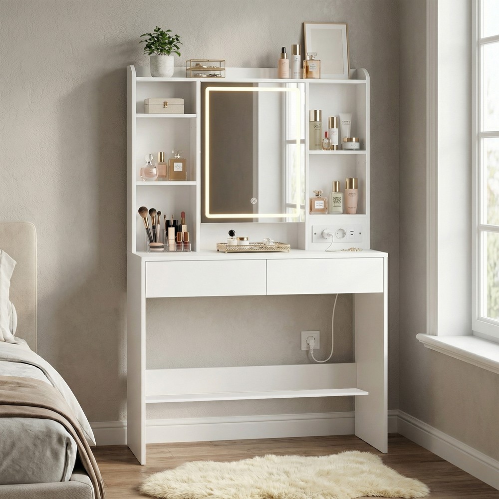 Sminkbord med LED-spegel och eluttag 90 cm - Vit