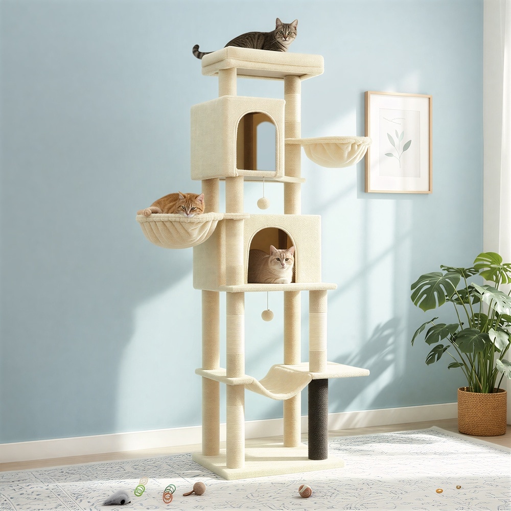Kissan kiipeilypuu 190,7 cm, 2 pesäkoloa, sisal-raapimispylväät, hiekan beige – PCT183Y01V1