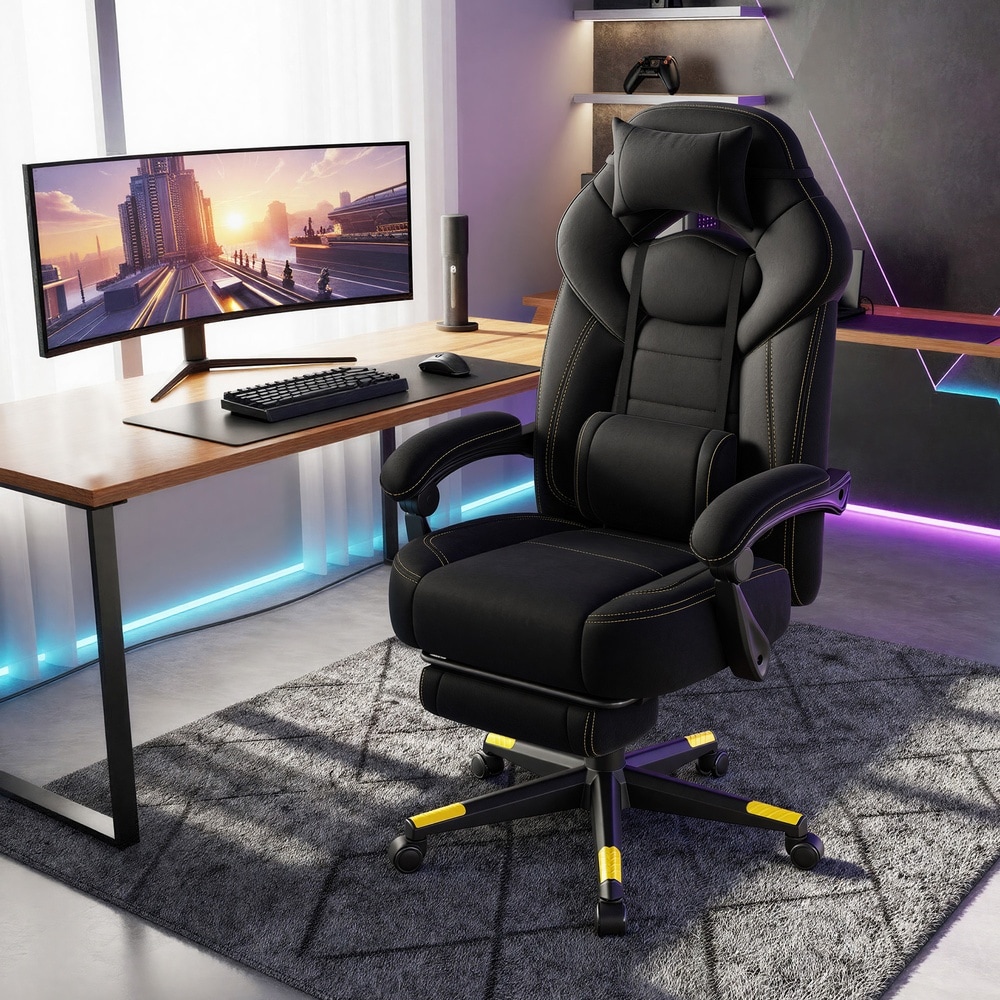Ergonomisk gamingstol med fotstöd, 150 kg - Svart