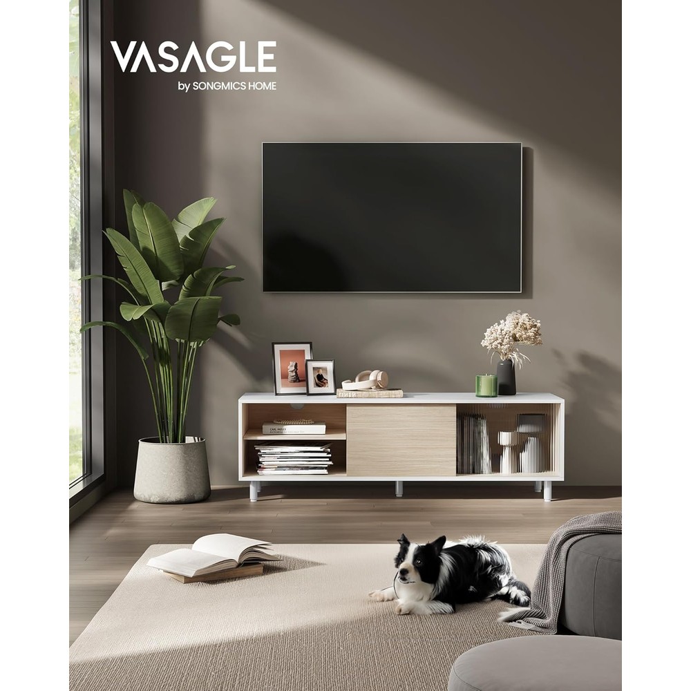TV-bänk med räfflat glas för TV upp till 60 tum 140 cm - Vit/Beige