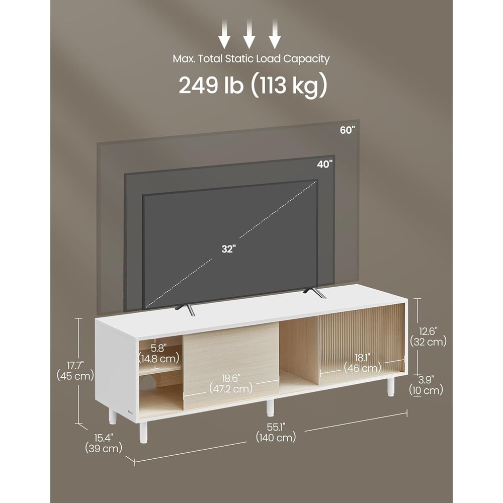 TV-bänk med räfflat glas för TV upp till 60 tum 140 cm - Vit/Beige