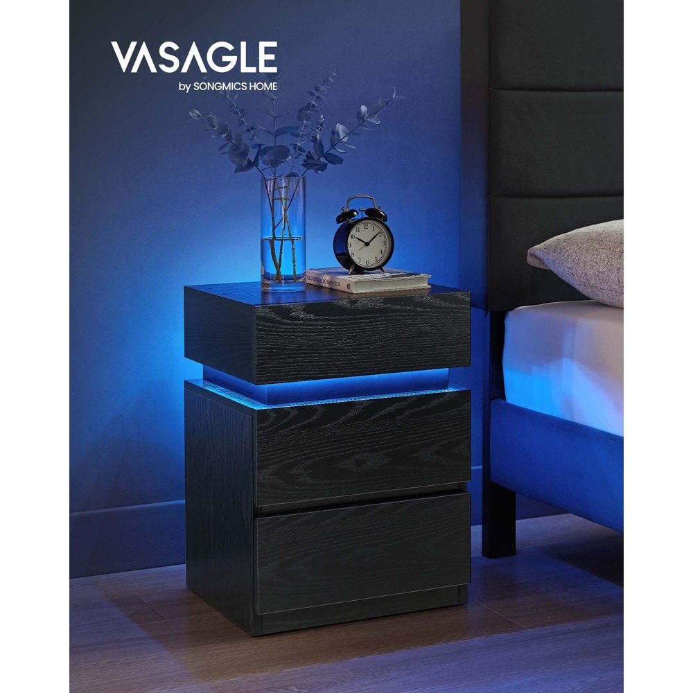 Sängbord med LED-belysning och 3 lådor 2-pack - Svart
