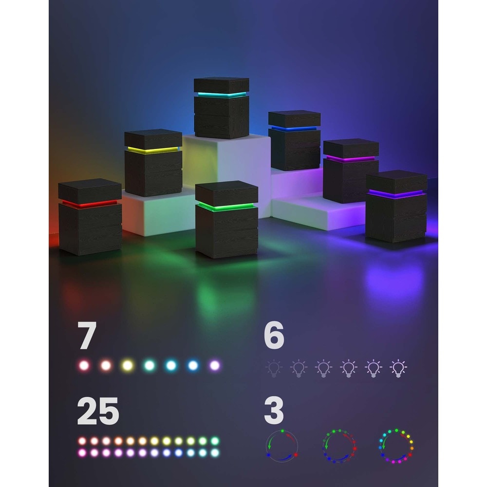 Sängbord med LED-belysning och 3 lådor 2-pack - Svart