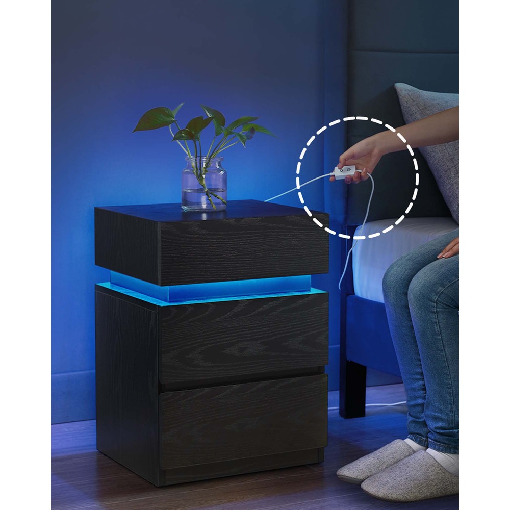 Sängbord med LED-belysning och 3 lådor 2-pack - Svart