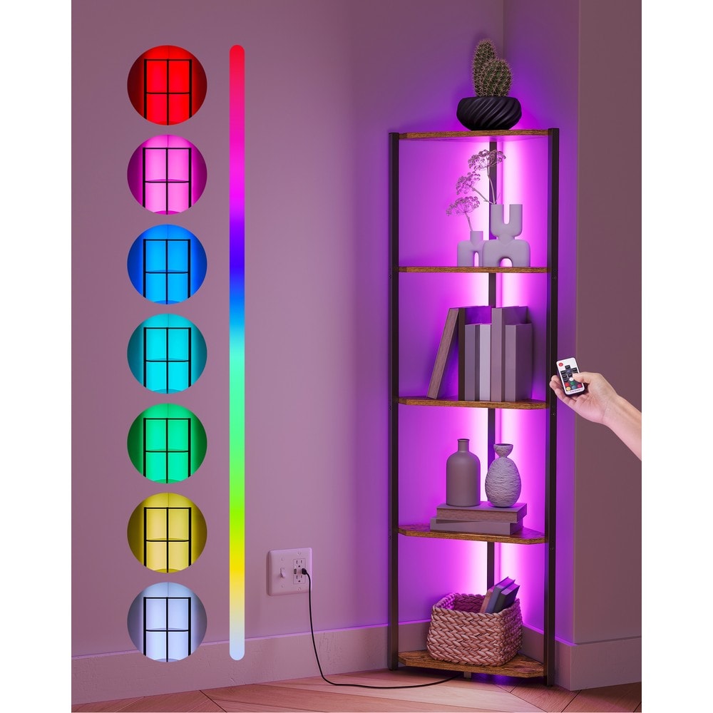 Hörnhylla med LED-belysning och 5 hyllplan - Brun/Svart