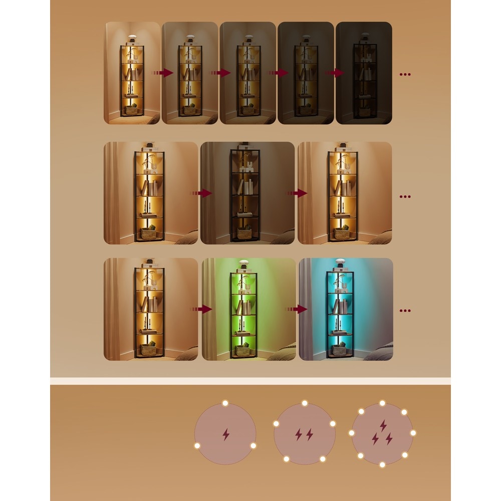 Hörnhylla med LED-belysning och 5 hyllplan - Brun/Svart