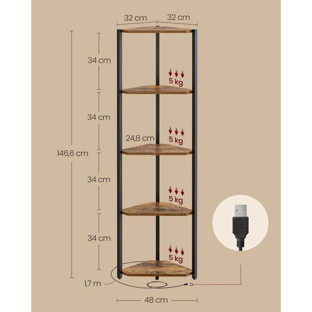 Hörnhylla med LED-belysning och 5 hyllplan - Brun/Svart