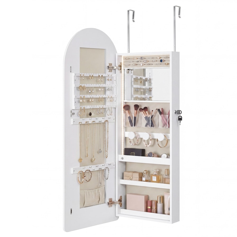 Smyckesskåp med välvd LED-spegel 108 cm - Vit/Beige