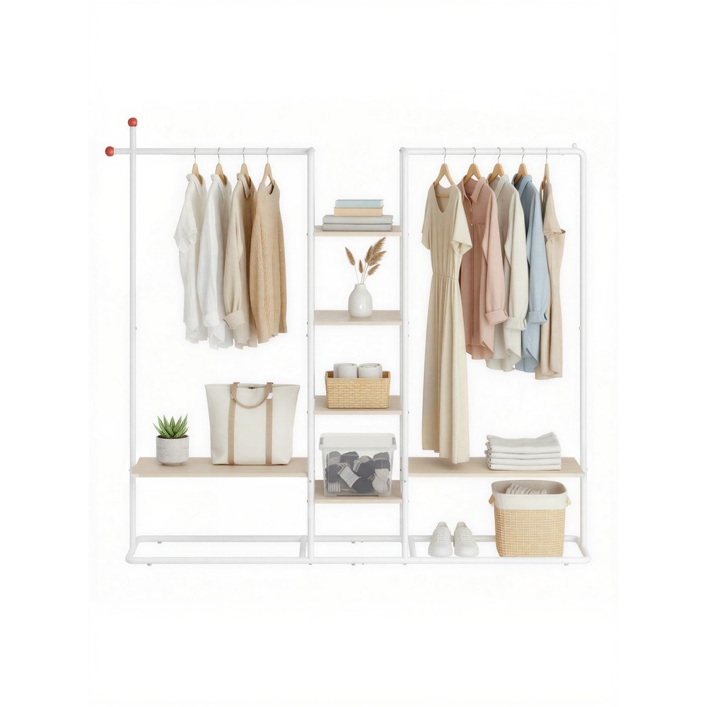 Öppen garderob med 6 hyllor och 2 klädstänger - Beige/Vit