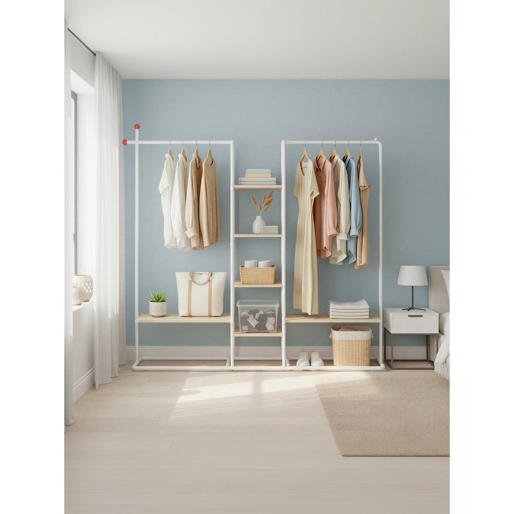 Öppen garderob med 6 hyllor och 2 klädstänger - Beige/Vit