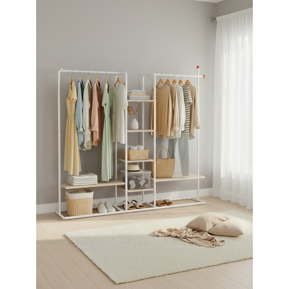 Öppen garderob med 6 hyllor och 2 klädstänger - Beige/Vit