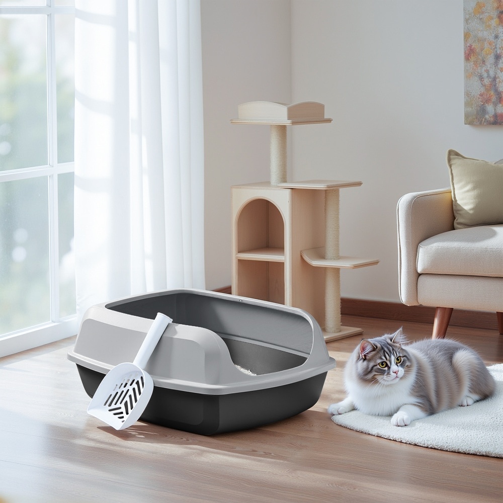 Kattlåda XXL med höga kanter och skopa - Grå / Öppen katttoalett / Sandlåda för katt