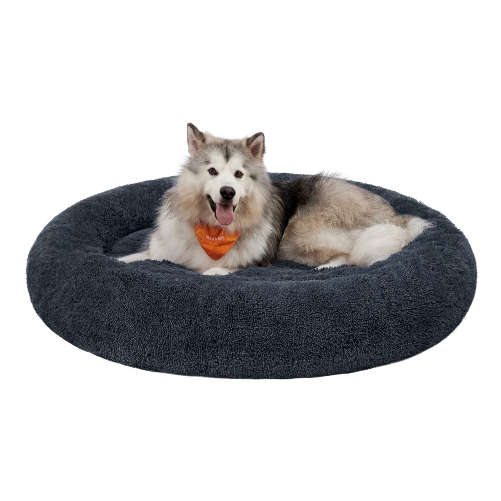 Rund hundbädd 140 cm med hög kant / Hundkudde i lång plysch / Stor hundsäng med halkskydd