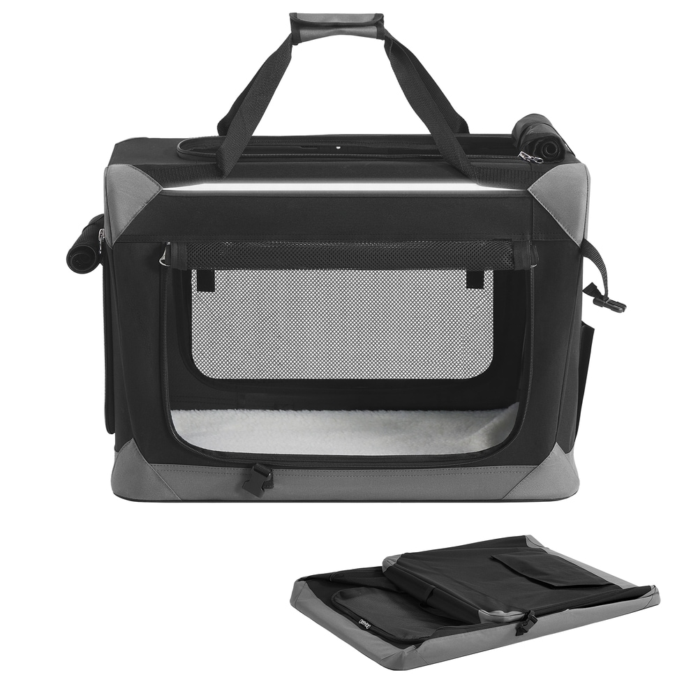 Kokoontaitettava koiran kuljetushäkki 60 x 42 x 42 cm – 4 verkko-ovea, pehmuste, musta/harmaa