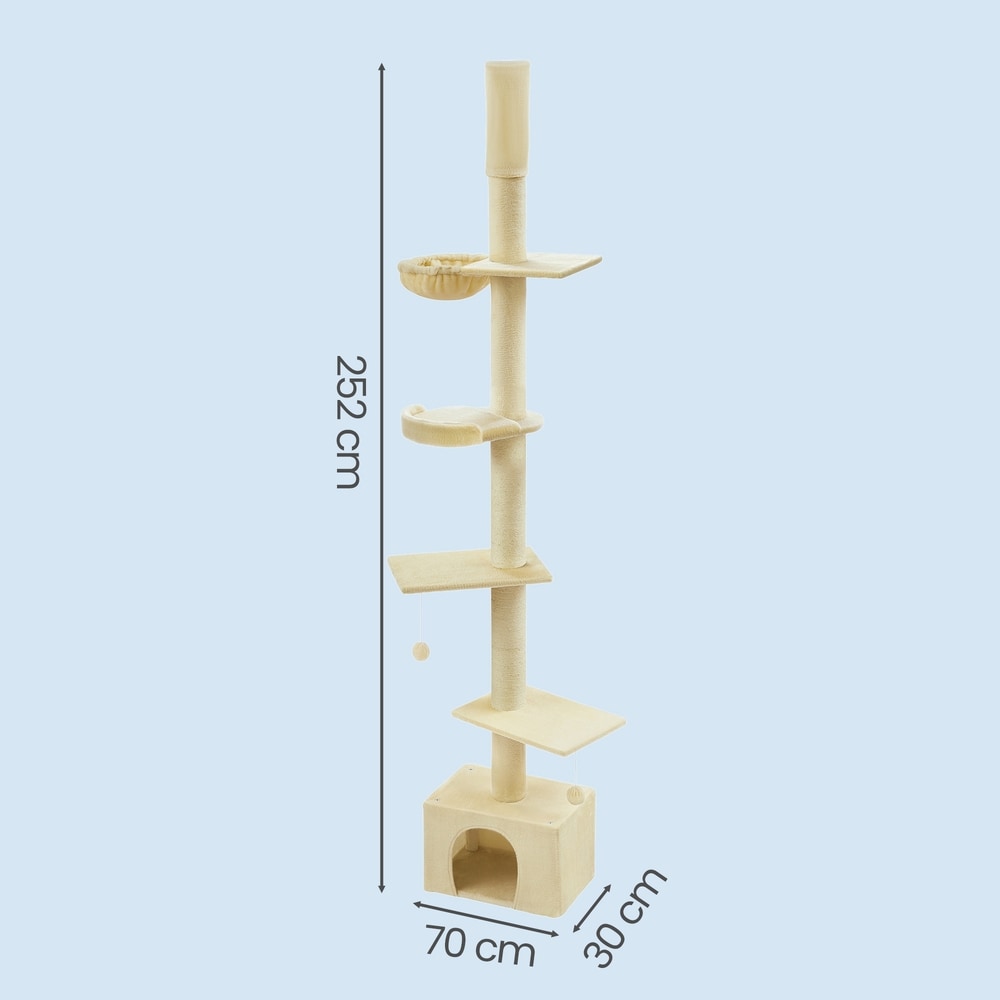 Höjdjusterbart klösträd 231–291 cm / Katträd från golv till tak / Klätterträd med grotta