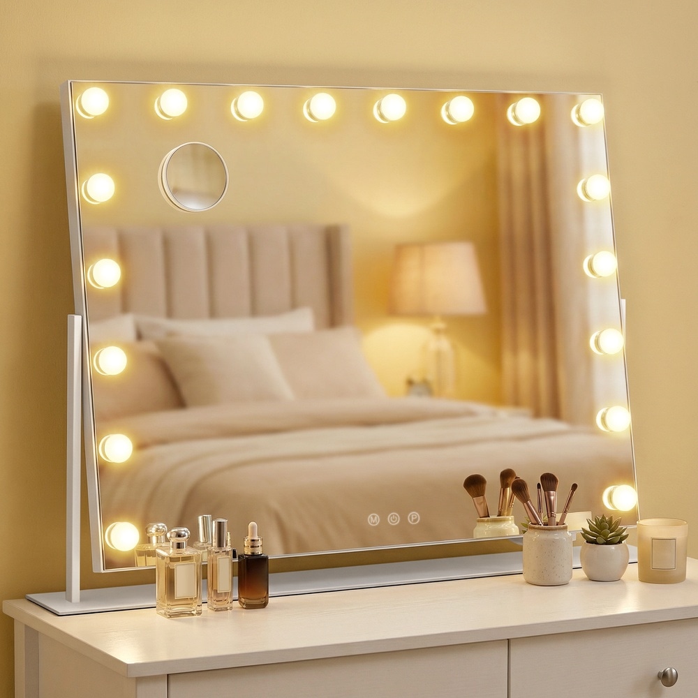 Sminkspegel med 18 LED-lampor / Stor bordsspegel med ljus / Kosmetikspegel med USB