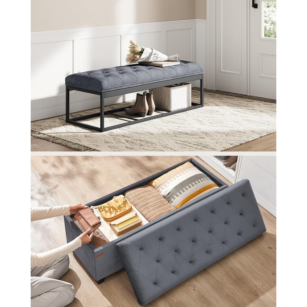 Sittbänk i sammet med förvaring / Förvaringsbänk med vadderat lock / Sittpuff för hall