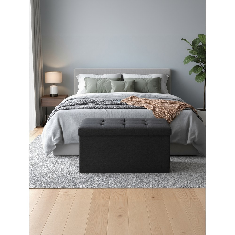 Hopfällbar sittbänk med förvaring / Svart förvaringsbänk 76 cm / Sittpuff och fotpall
