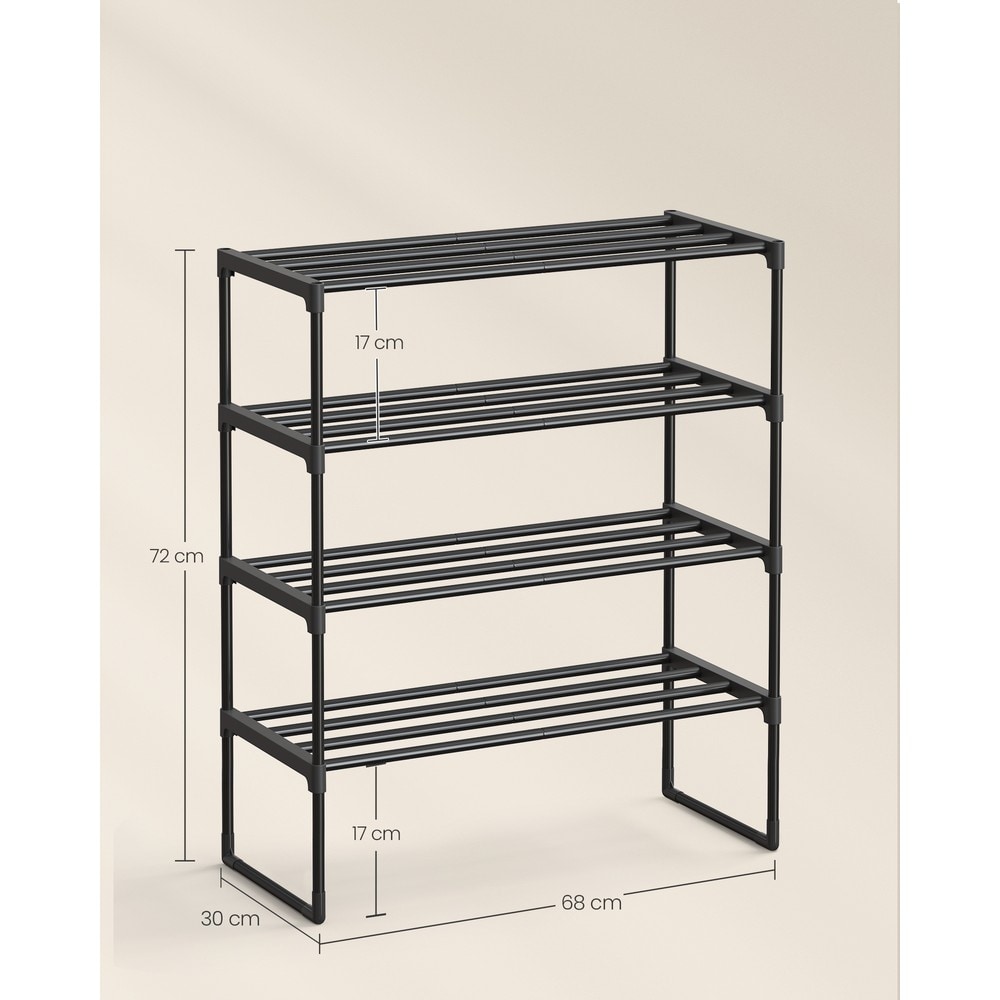 Skoställ med 4 hyllplan i metall / Svart skohylla 68 cm / Stapelbar skoförvaring för hall