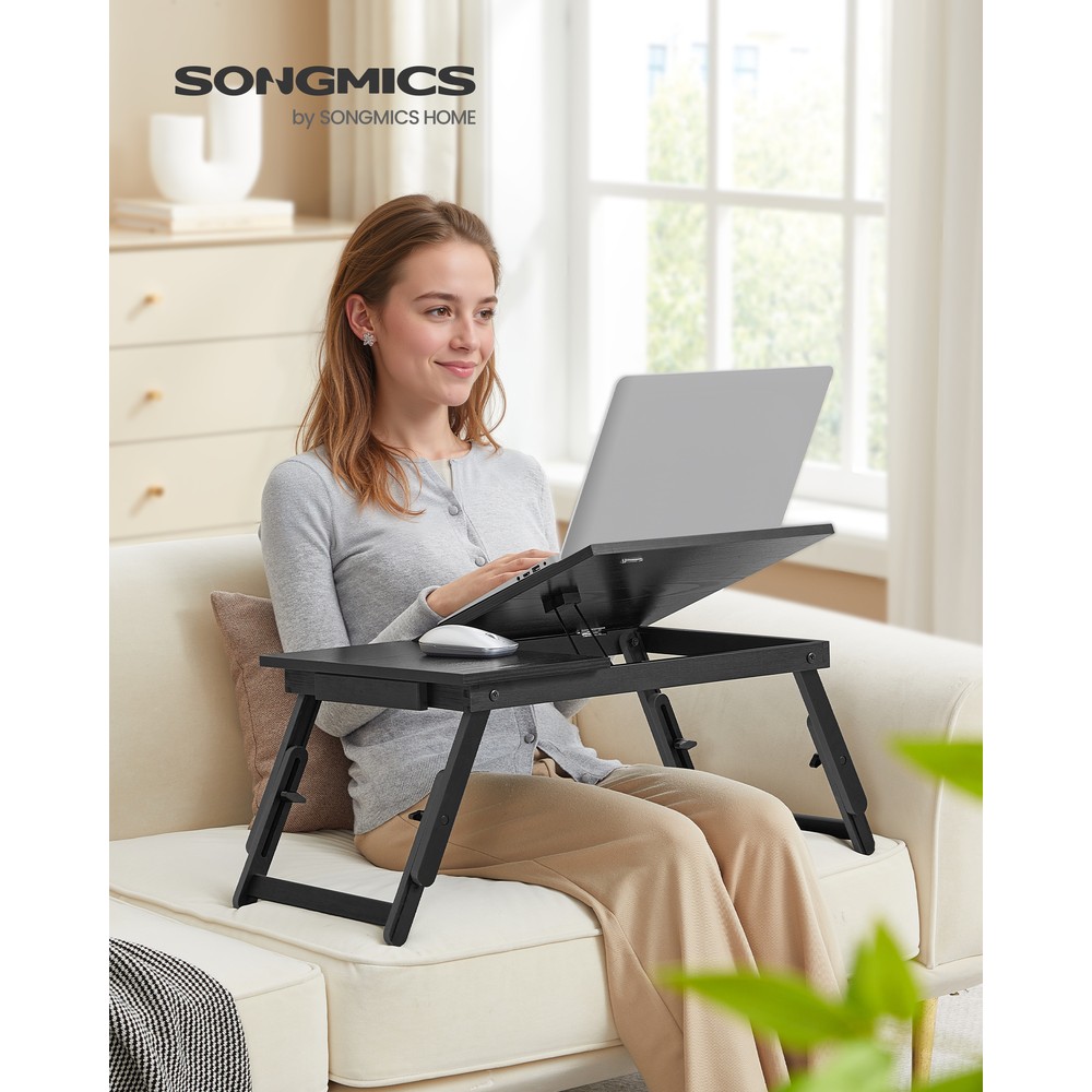 Hopfällbart knäbord/laptopbord för sängen med lutbar skiva - Svart / Sängbricka / Laptopställ