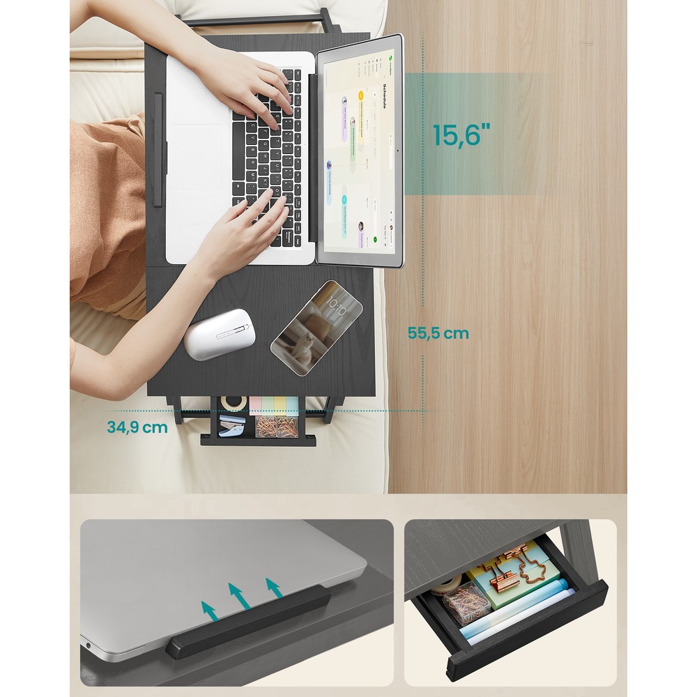 Hopfällbart knäbord/laptopbord för sängen med lutbar skiva - Svart / Sängbricka / Laptopställ