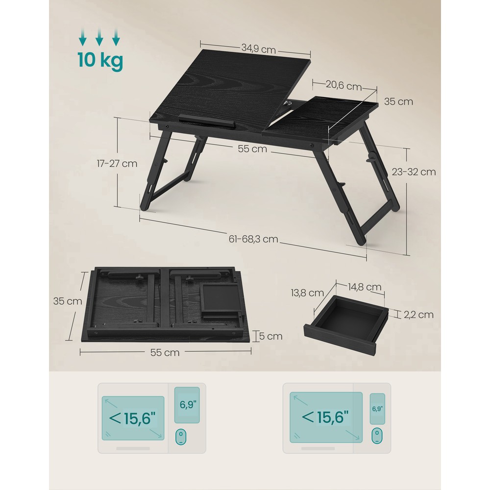 Hopfällbart knäbord/laptopbord för sängen med lutbar skiva - Svart / Sängbricka / Laptopställ