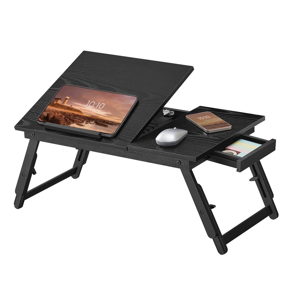 Hopfällbart knäbord/laptopbord för sängen med lutbar skiva - Svart / Sängbricka / Laptopställ