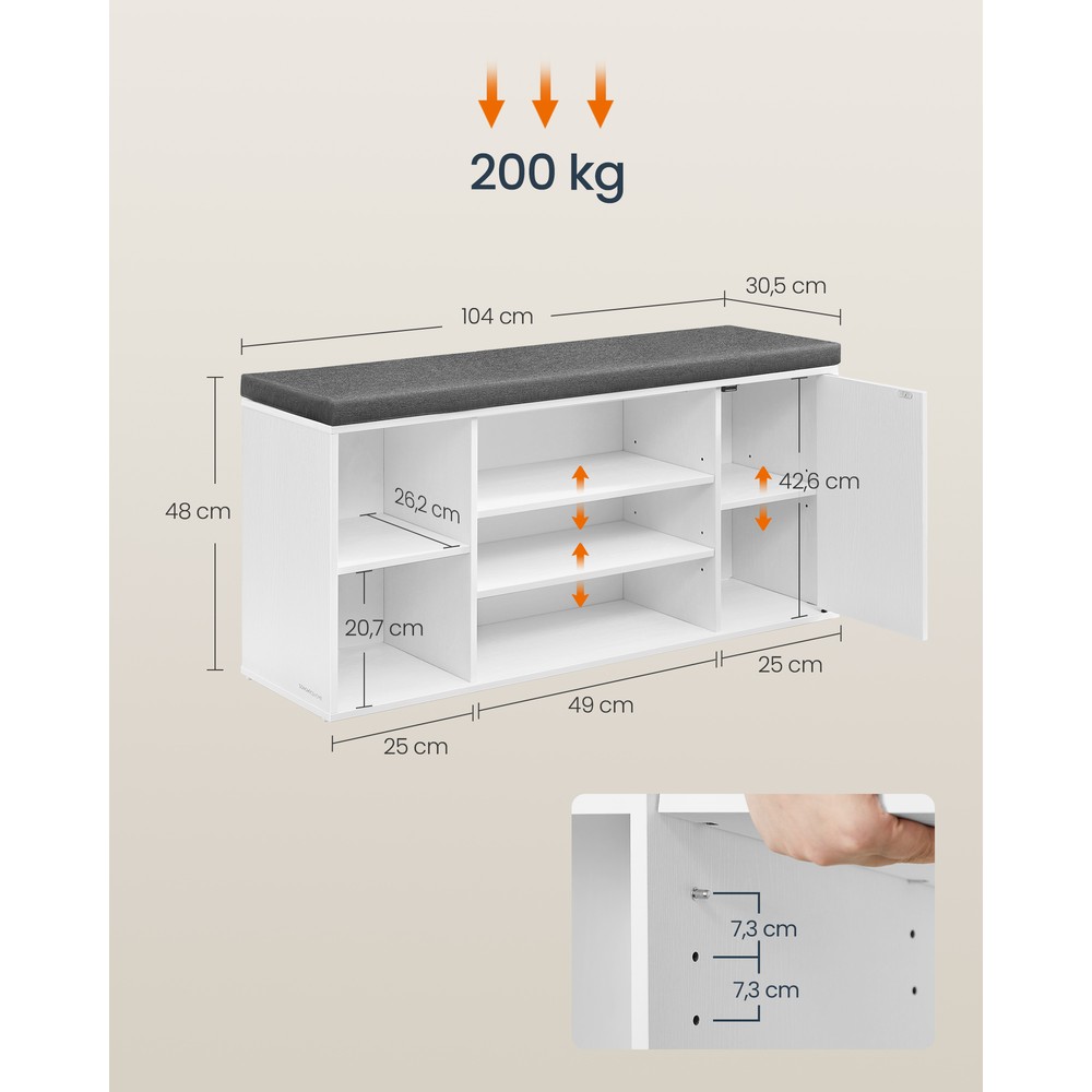 Skobänk med snabbmontering 104 cm - Vit/Grå / Skohylla med sittplats / Hallbänk med förvaring