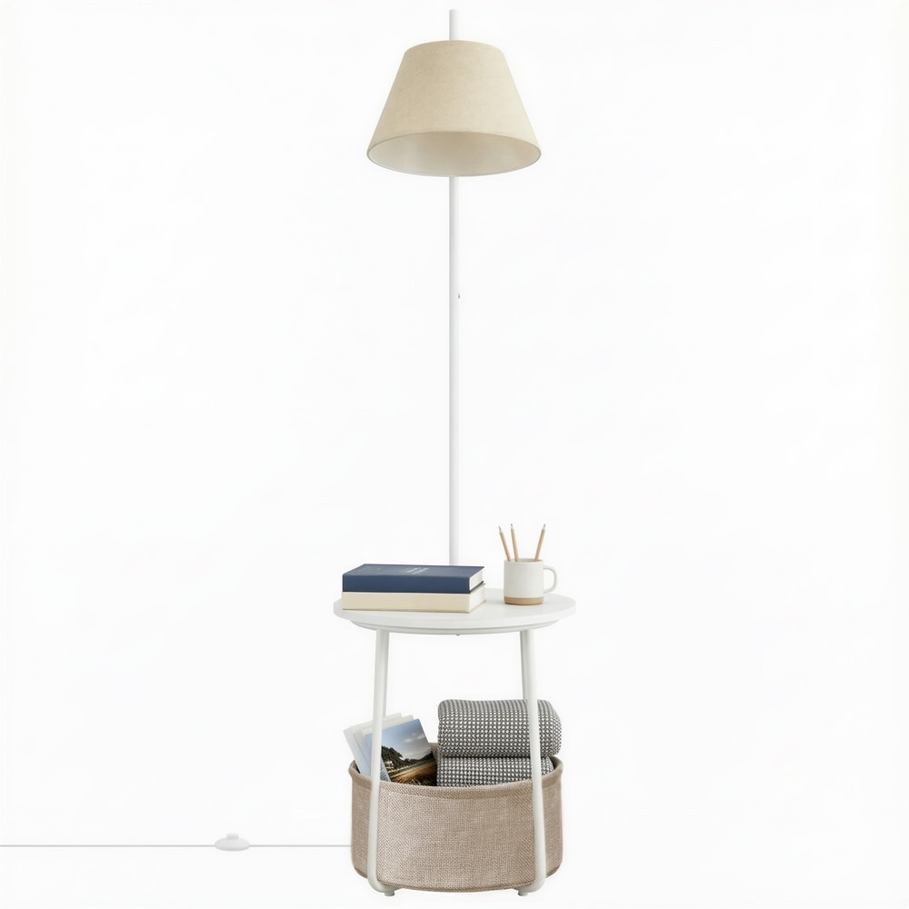 Sidobord med golvlampa och tygkorg 3-i-1 - Vit / Lampbord / Avlastningsbord med belysning