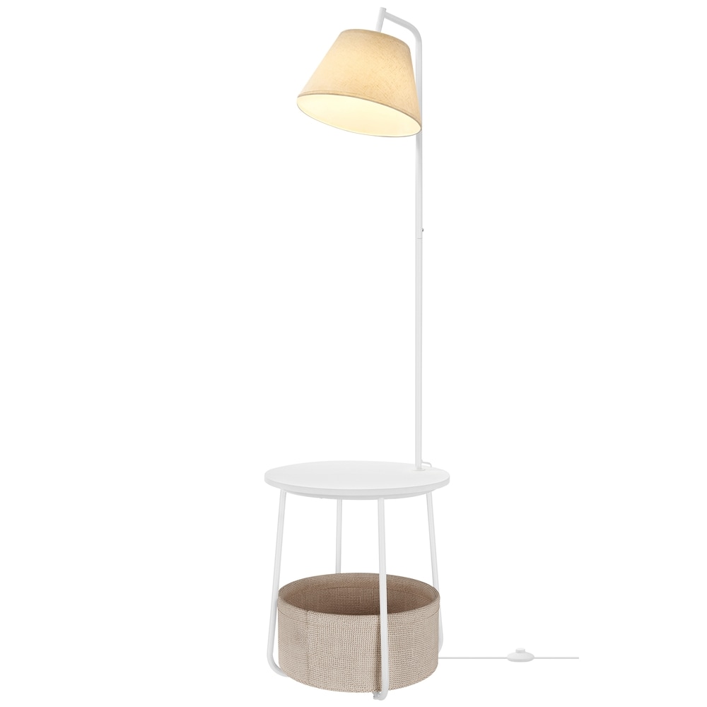 Sidobord med golvlampa och tygkorg 3-i-1 - Vit / Lampbord / Avlastningsbord med belysning