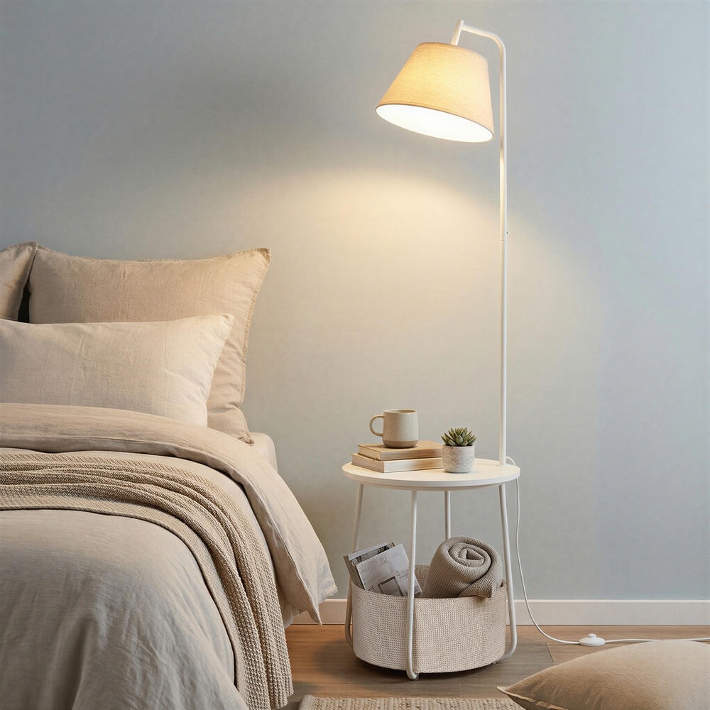 Sidobord med golvlampa och tygkorg 3-i-1 - Vit / Lampbord / Avlastningsbord med belysning