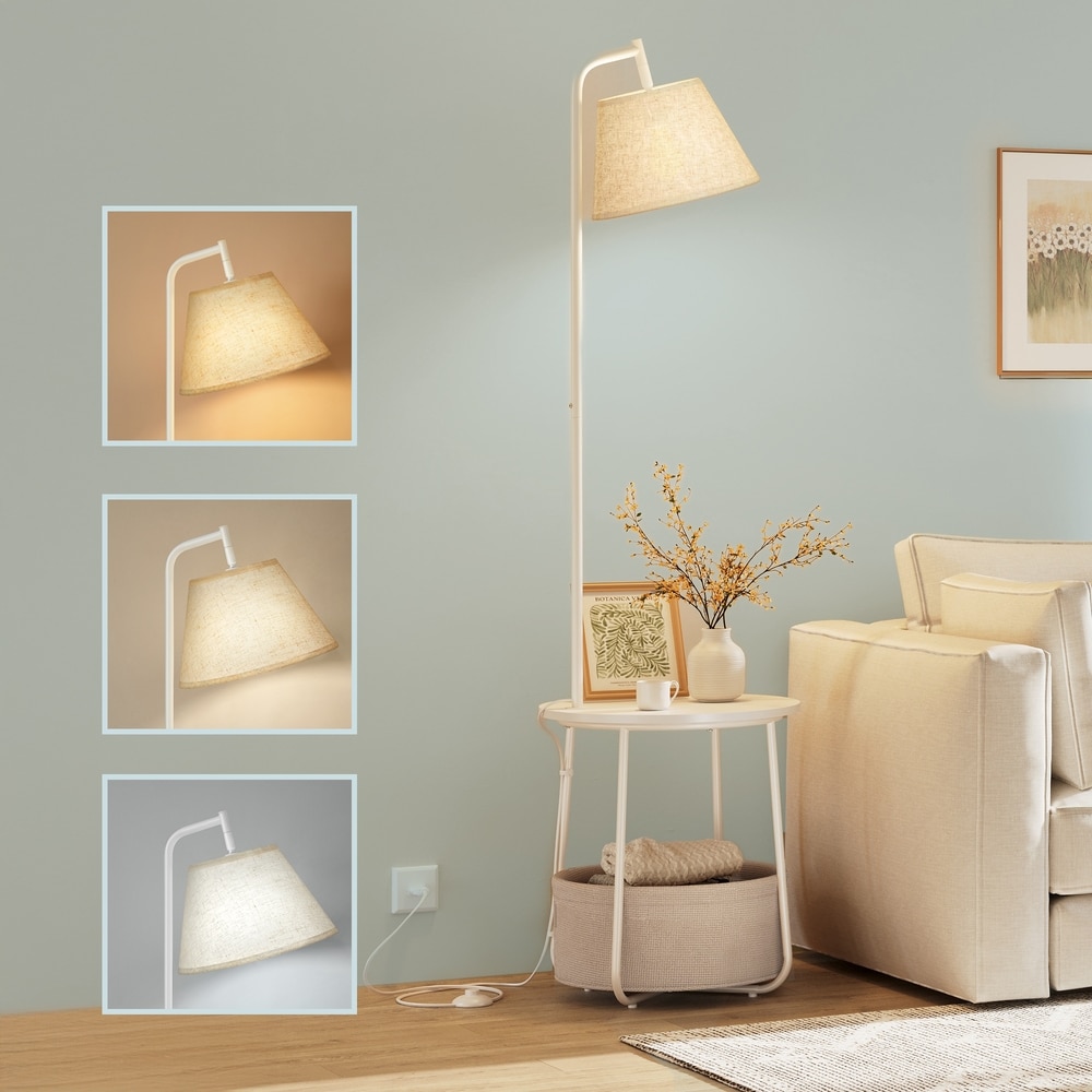 Sidobord med golvlampa och tygkorg 3-i-1 - Vit / Lampbord / Avlastningsbord med belysning