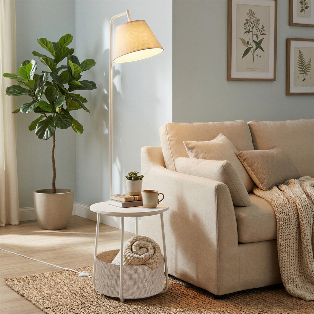 Sidobord med golvlampa och tygkorg 3-i-1 - Vit / Lampbord / Avlastningsbord med belysning