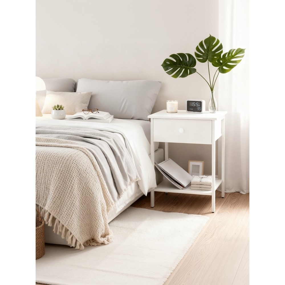 Sängbord med låda 2-pack - Vit / Nattduksbord med hylla / Avlastningsbord för sovrum