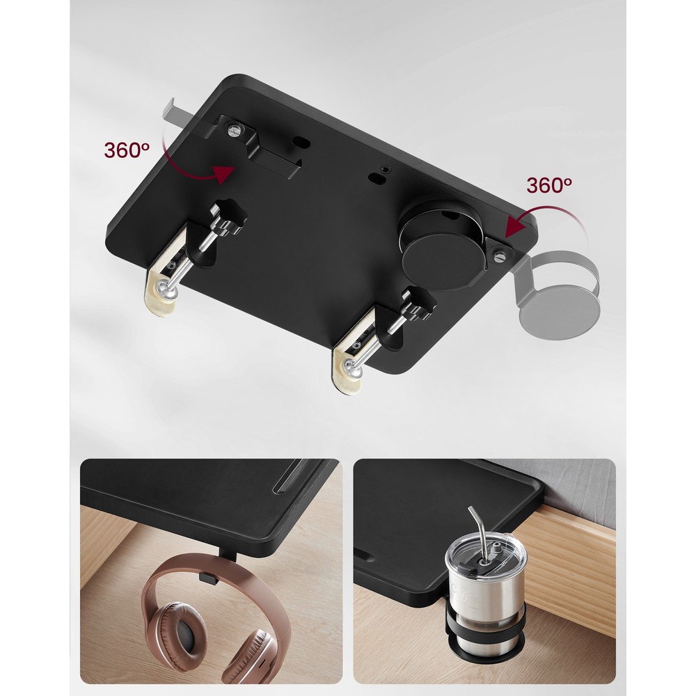 Hängande sänghylla för loftsäng - Svart / Sängbord med klämfäste / Sängbricka med mugghållare