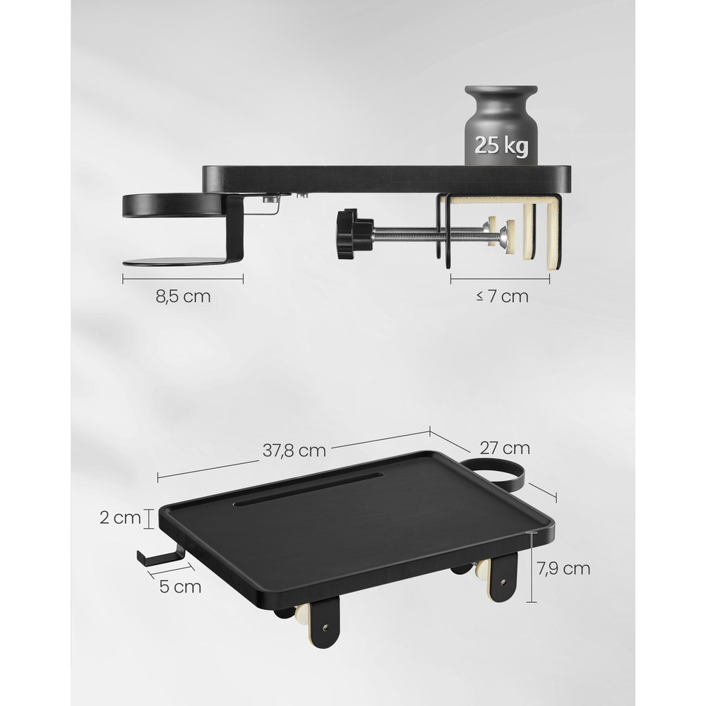 Hängande sänghylla för loftsäng - Svart / Sängbord med klämfäste / Sängbricka med mugghållare