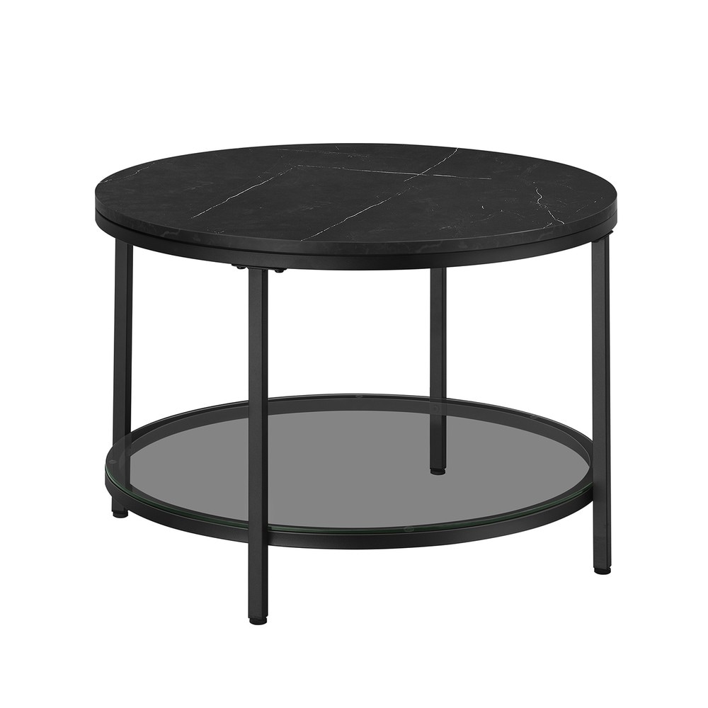Runt soffbord i marmorlook med glashylla 65 cm - Svart / Soffbord i två plan / Runt kaffebord