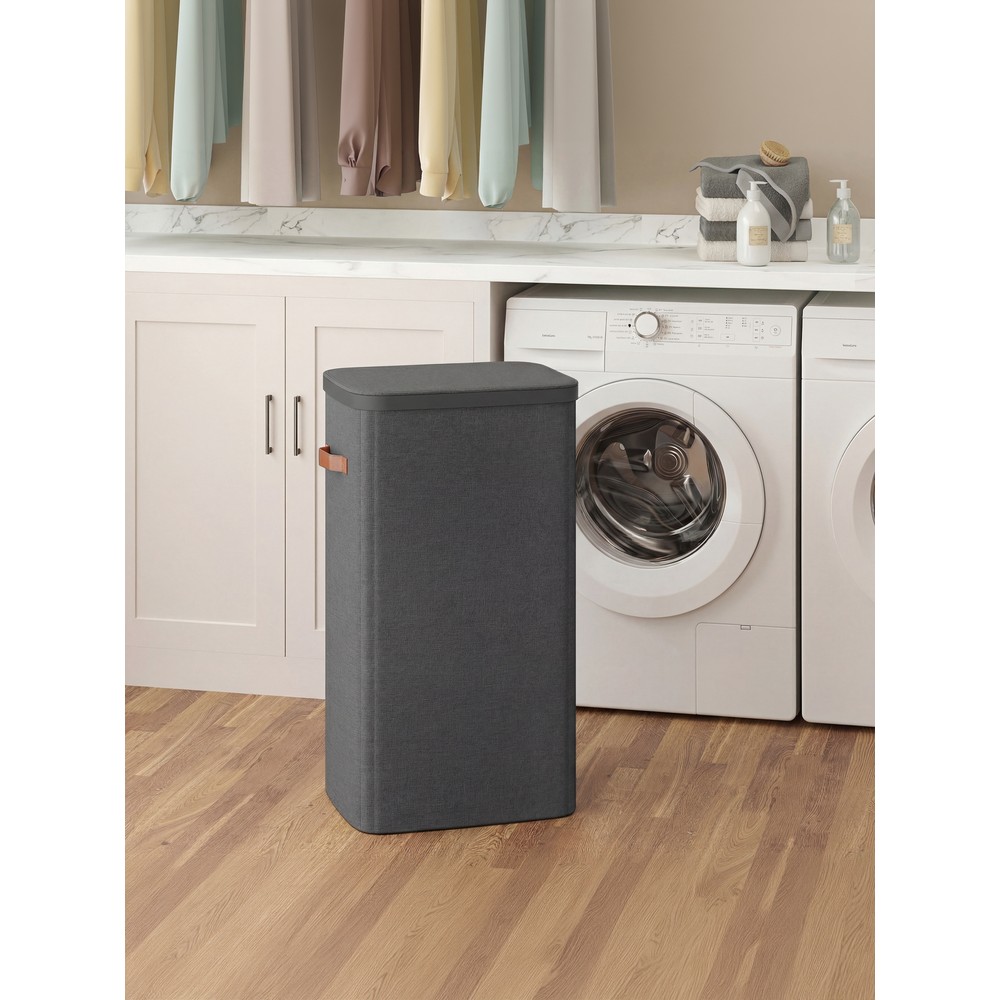 Hopfällbar tvättkorg med lock 100L - Svart / Tvättbox med innerpåse / Smutstvättskorg med lock