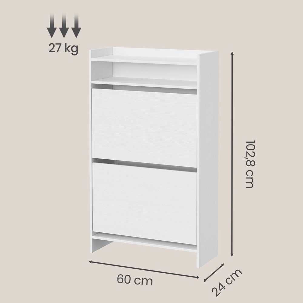 Smalt skoskåp med 2 dörrar 103 cm - Vit / Skoförvaring med klaffar / Skokommod för hall