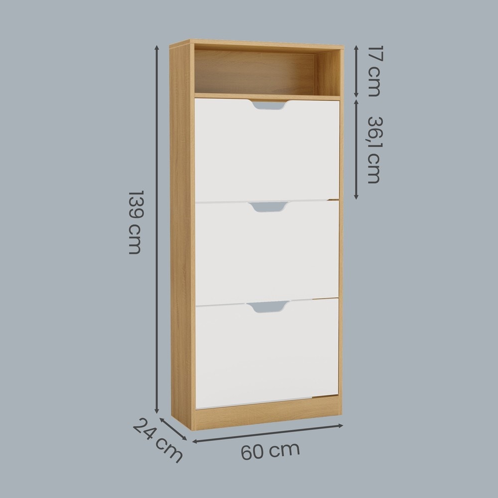 Skoskåp med 3 fällbara fack 139 cm - Ek/Vit / Smal skokommod / Skoförvaring med klaffar