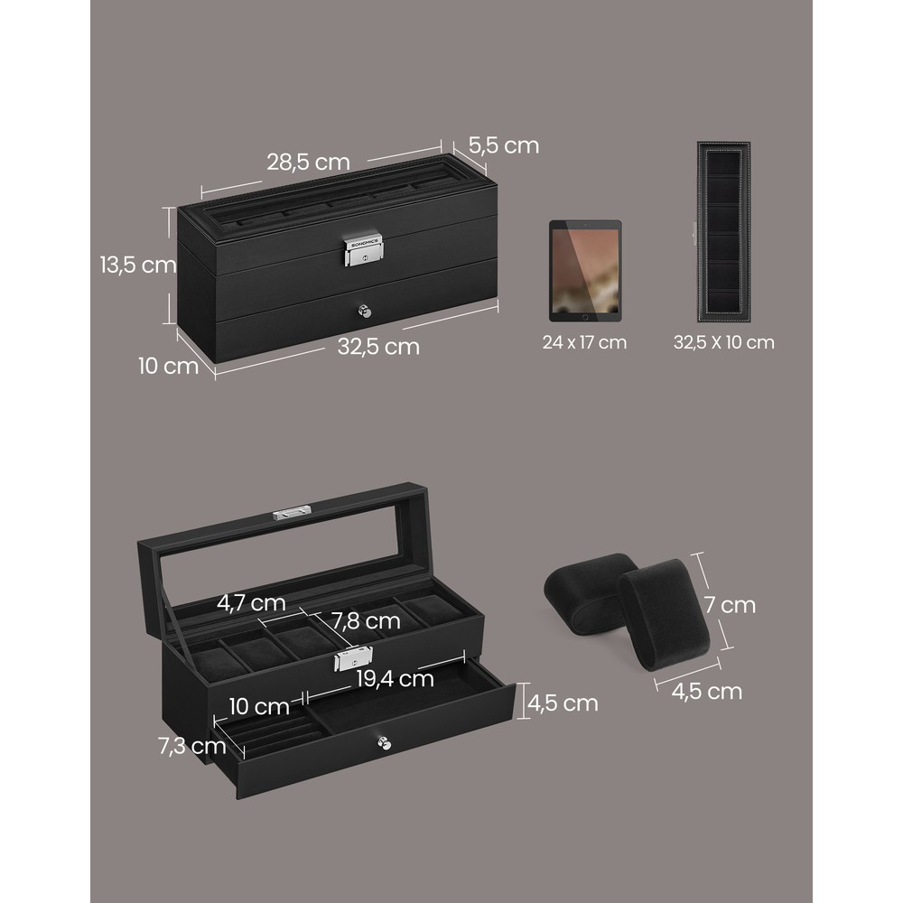 Klockbox med 6 fack och låda - Svart / Klockförvaring med glaslock / Klockskrin med smyckeslåda