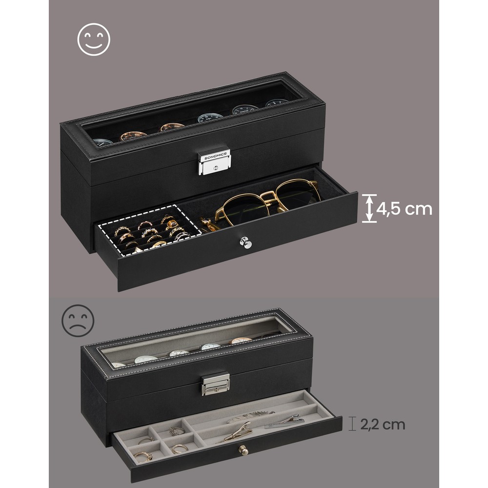 Klockbox med 6 fack och låda - Svart / Klockförvaring med glaslock / Klockskrin med smyckeslåda
