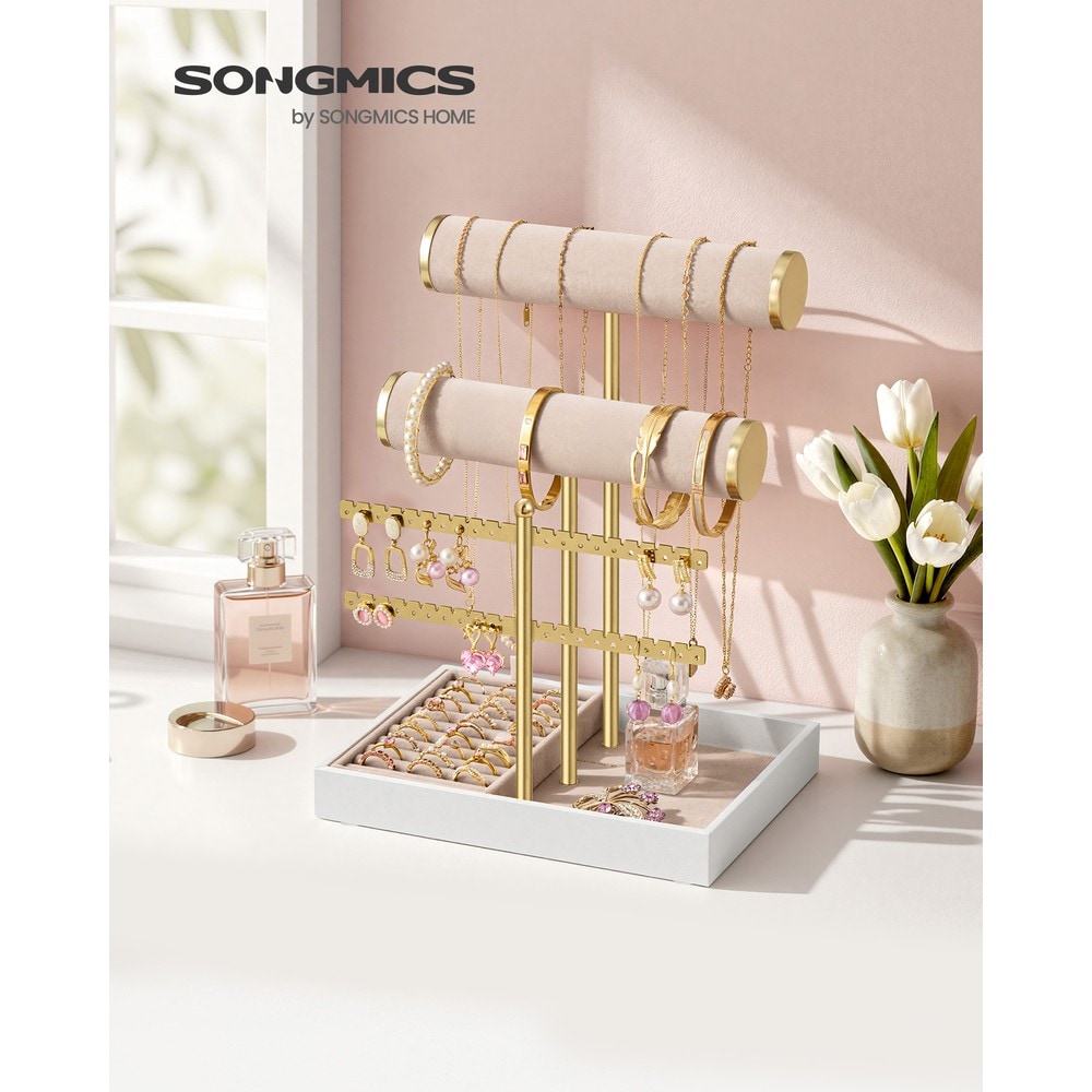 Smyckesställ med bricka - Guld/Beige / Smyckeshållare / Örhängesställ med ringförvaring