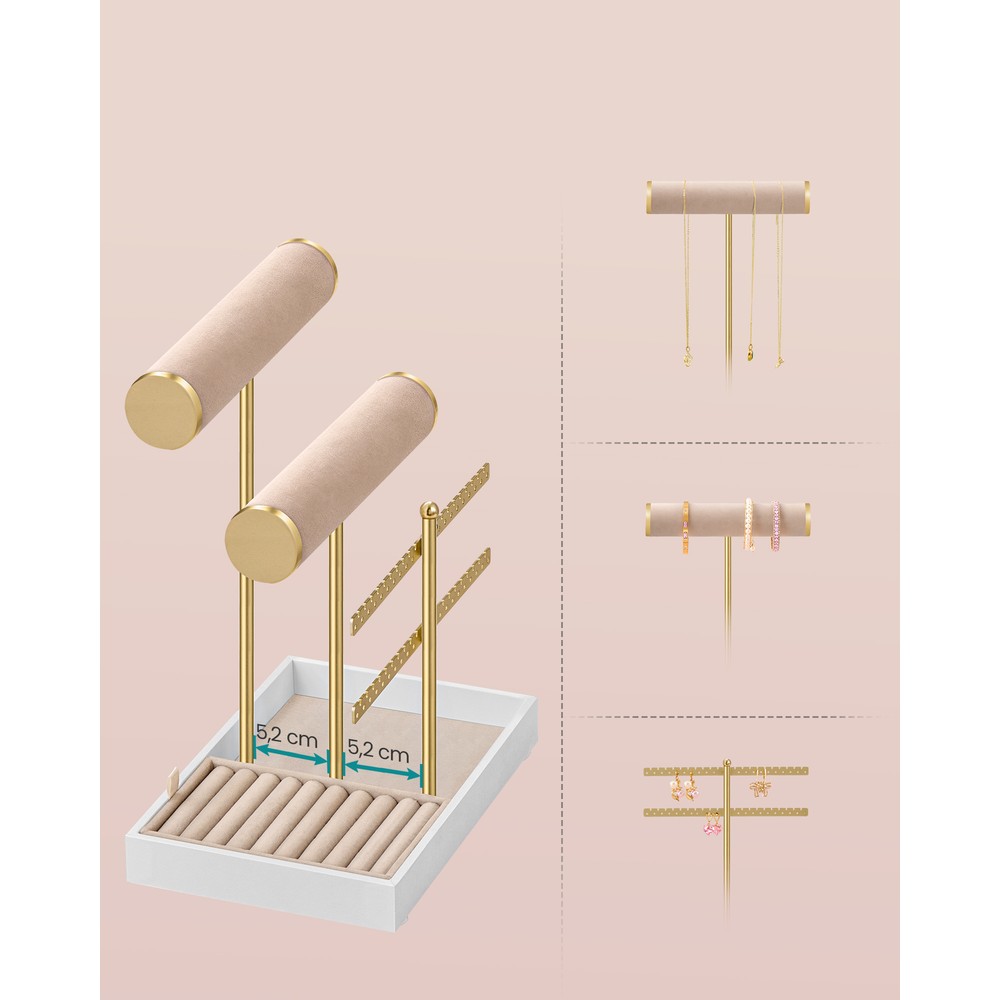Smyckesställ med bricka - Guld/Beige / Smyckeshållare / Örhängesställ med ringförvaring