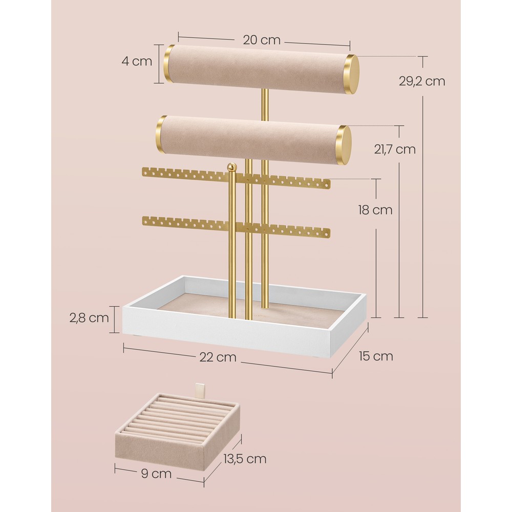 Smyckesställ med bricka - Guld/Beige / Smyckeshållare / Örhängesställ med ringförvaring