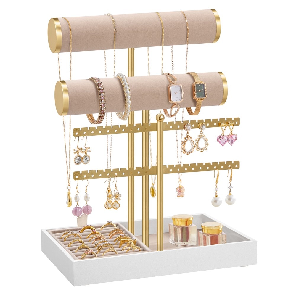 Smyckesställ med bricka - Guld/Beige / Smyckeshållare / Örhängesställ med ringförvaring