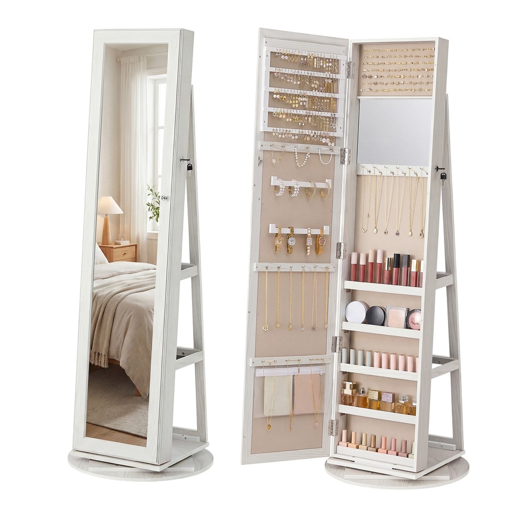 Roterbart smyckesskåp med spegel 160 cm - Vit/Beige / Spegelskåp / Låsbart smyckesskåp