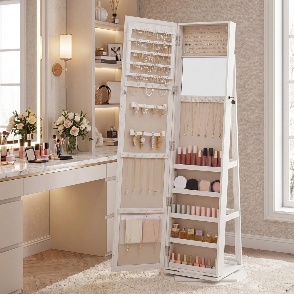 Roterbart smyckesskåp med spegel 160 cm - Vit/Beige / Spegelskåp / Låsbart smyckesskåp
