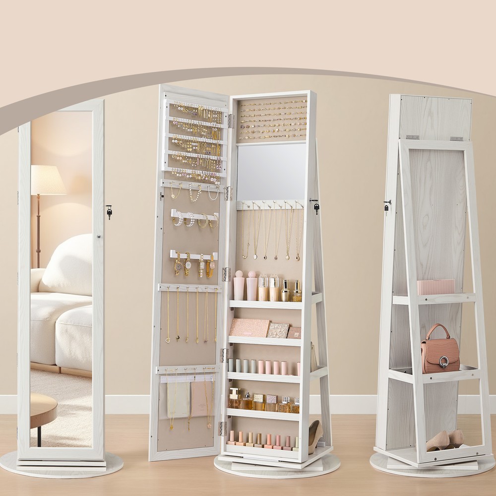 Roterbart smyckesskåp med spegel 160 cm - Vit/Beige / Spegelskåp / Låsbart smyckesskåp